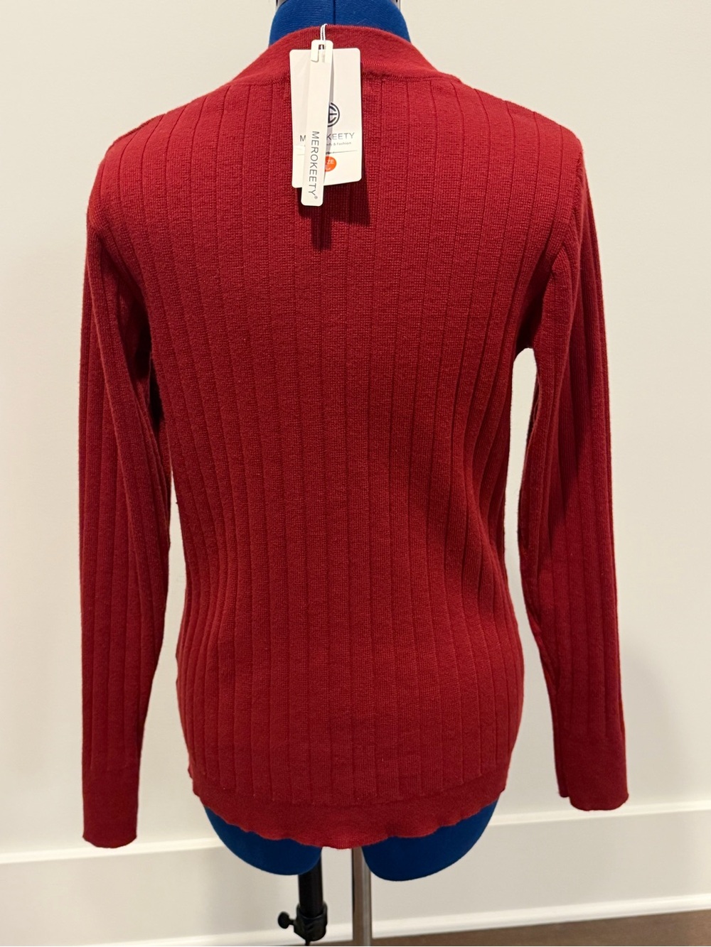 Classic Ribbed Stretch V-Neck Button Sweater - Red - Picture 4 of 8